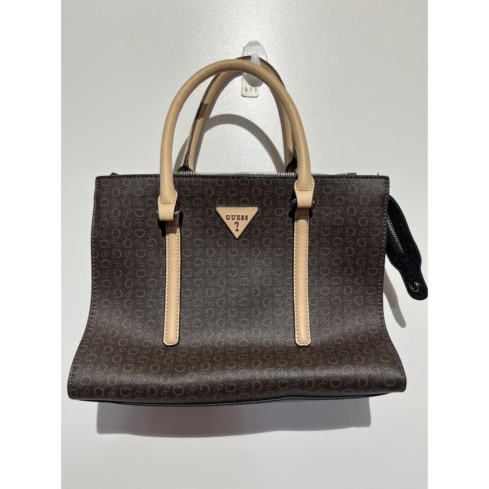 GUESS Brown Monogram Logo Satchel Handbag Tan Handles Structured Zip Top Bag